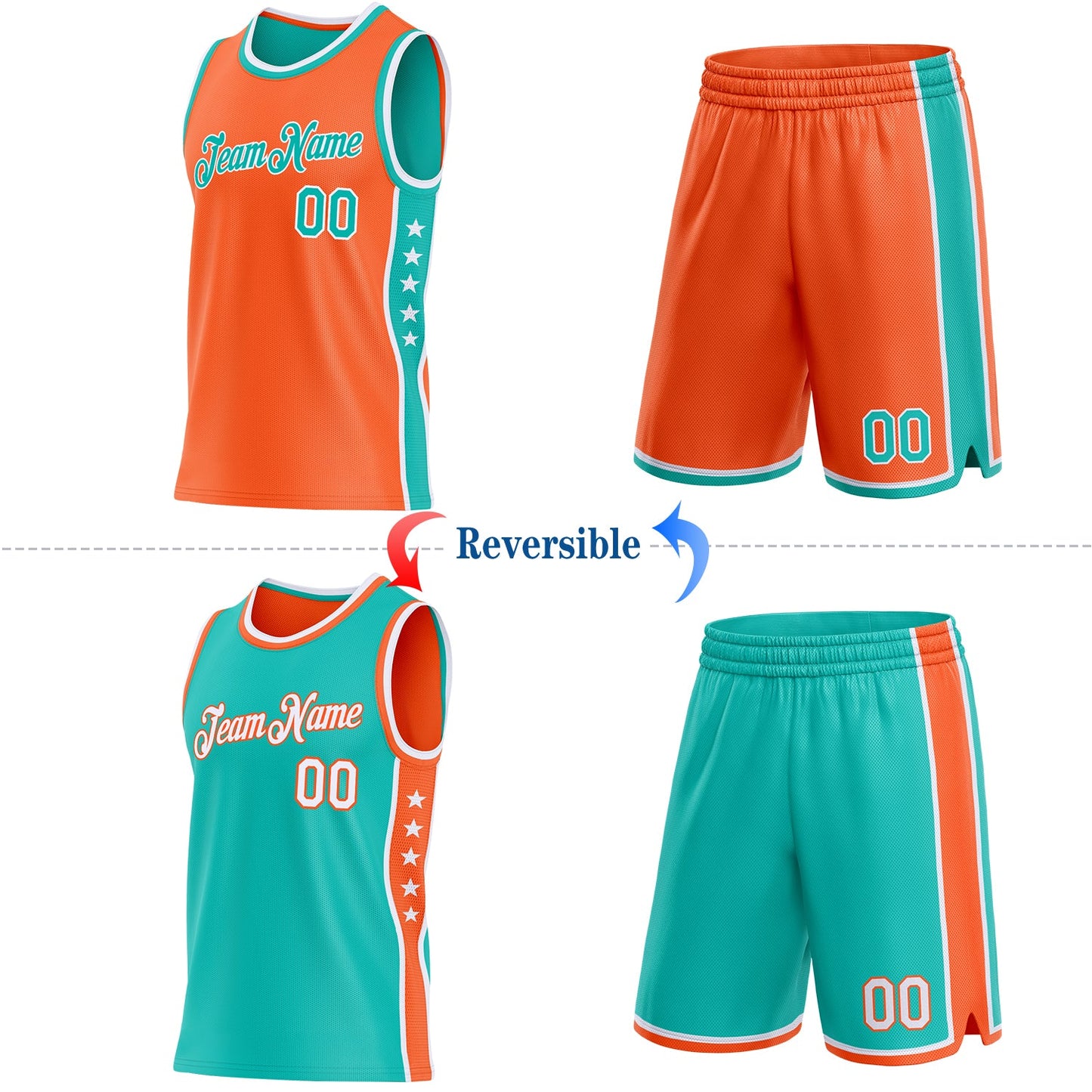 Custom Reversible Orange Aqua-White Double Side Star Sublimation Basketball Set Jersey view 2
