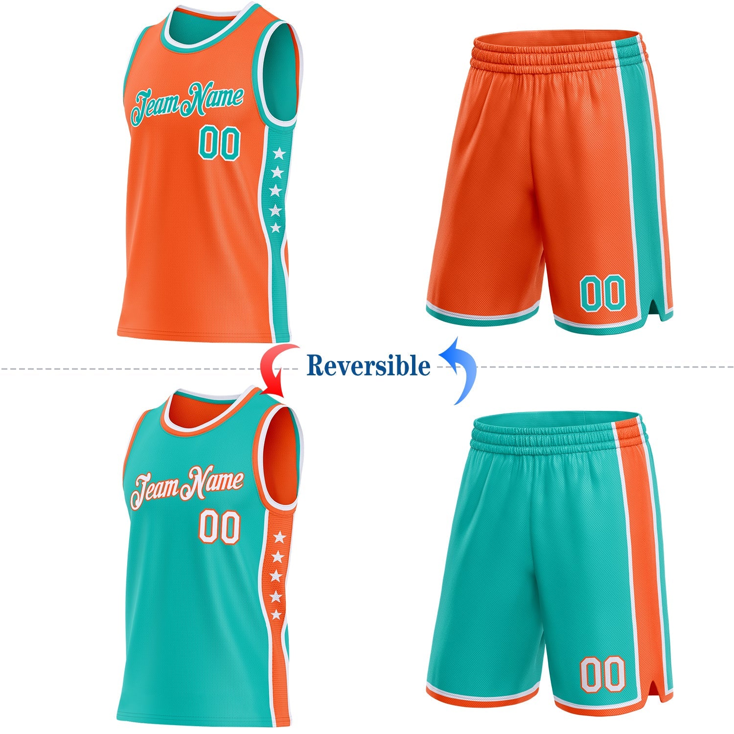 Custom Reversible Orange Aqua-White Double Side Star Sublimation Basketball Set Jersey view 2