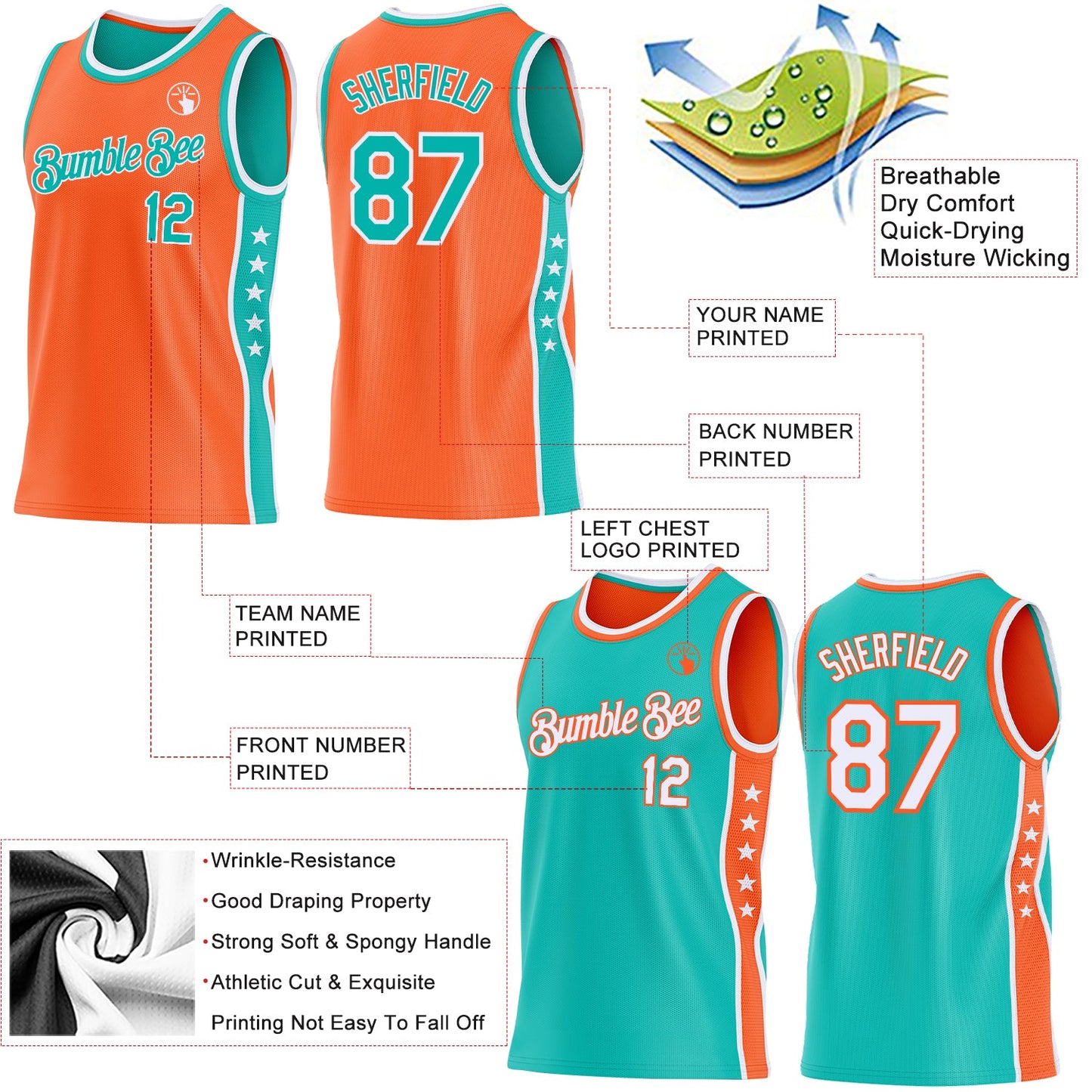 Custom Reversible Orange Aqua-White Double Side Star Sublimation Basketball Set Jersey view 5
