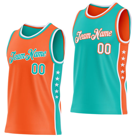 Custom Reversible Orange Aqua-White Double Side Star Sublimation Basketball Set Jersey - Main View