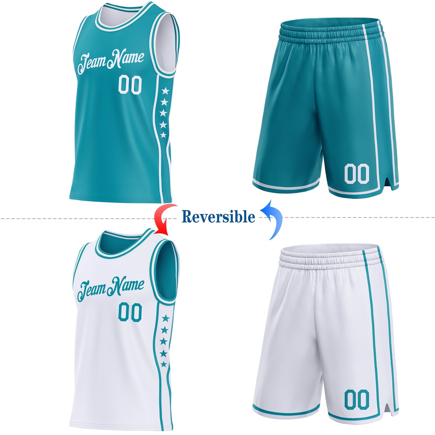 Custom Reversible Teal White Double Side Star Sublimation Basketball Set Jersey view 2
