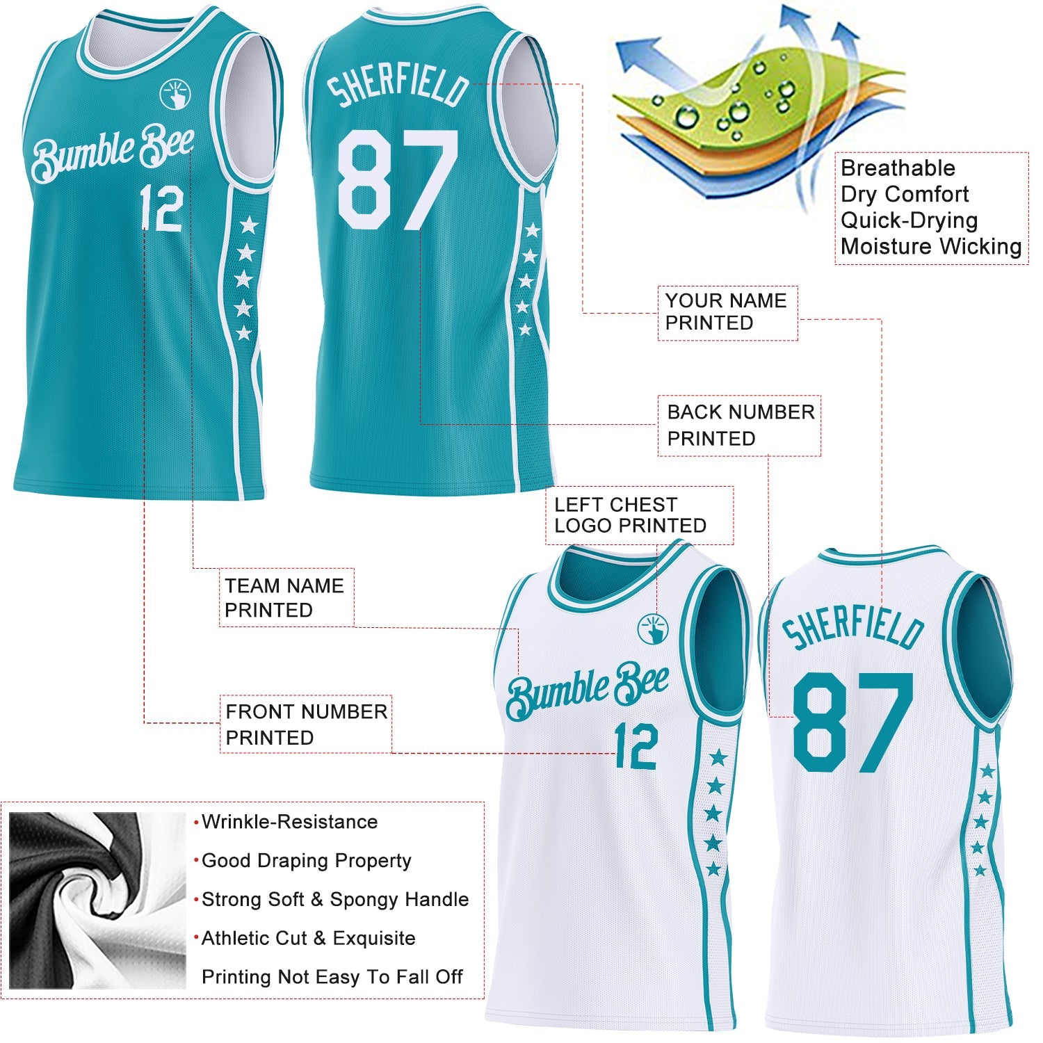 Custom Reversible Teal White Double Side Star Sublimation Basketball Set Jersey view 5