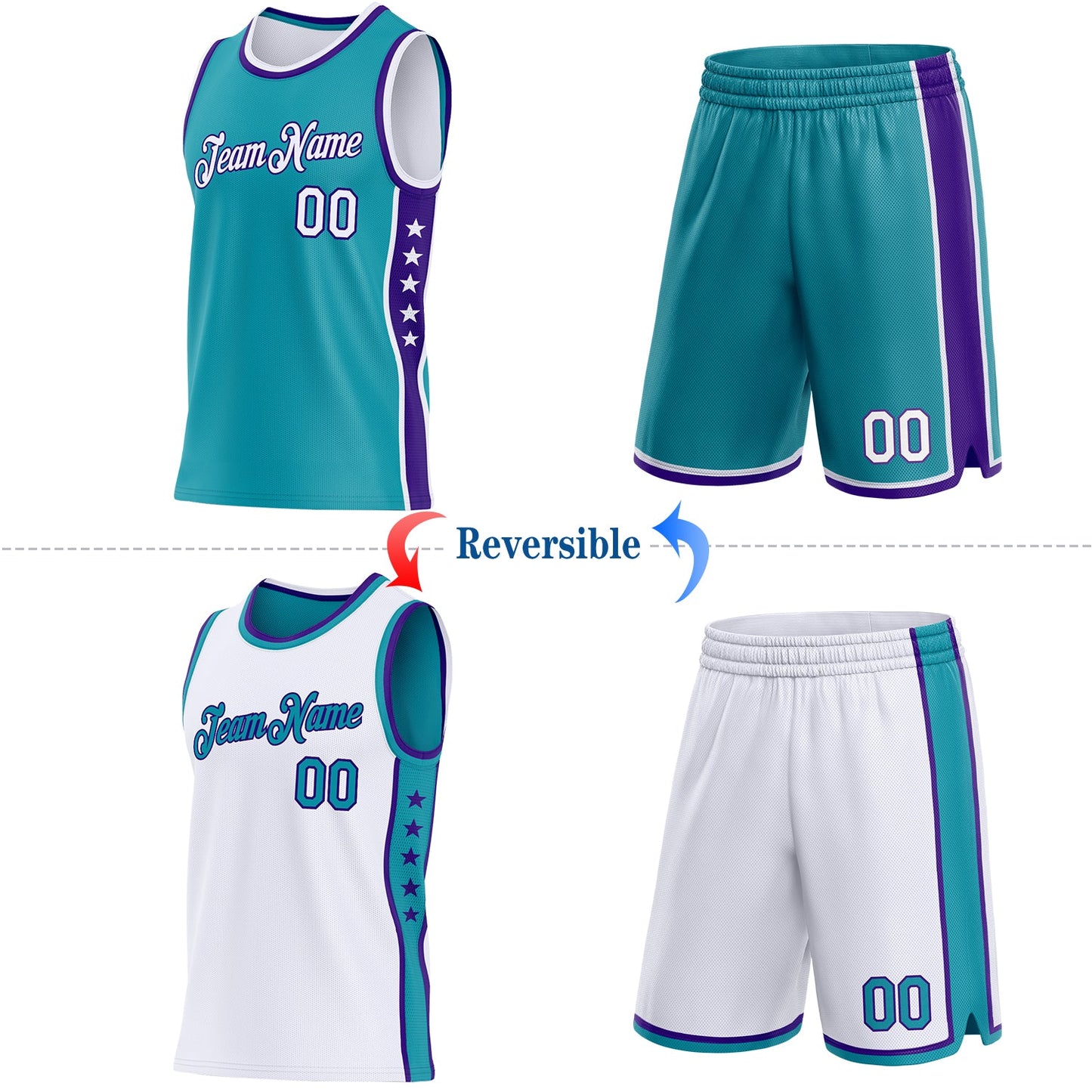 Custom Reversible Teal White-Purple Double Side Star Sublimation Basketball Set Jersey view 2