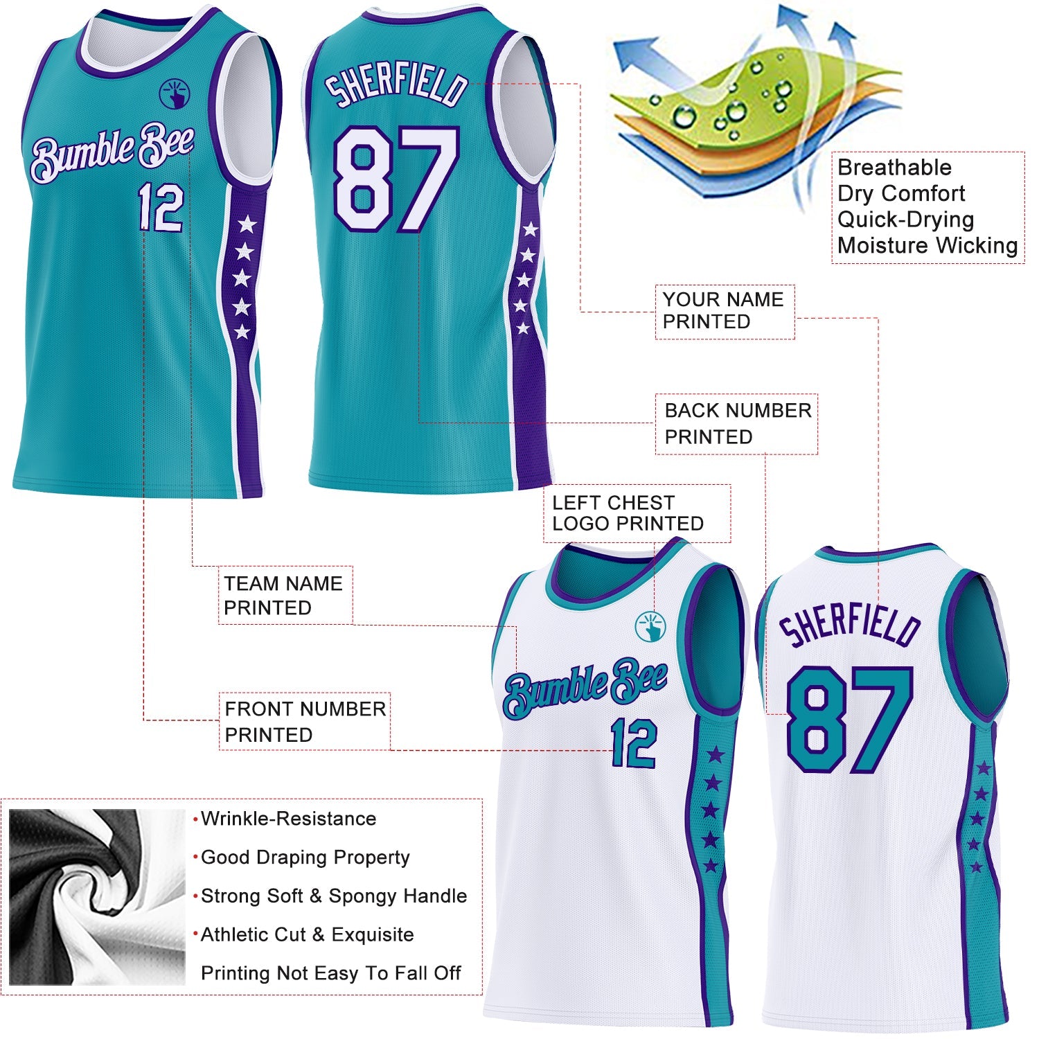 Custom Reversible Teal White-Purple Double Side Star Sublimation Basketball Set Jersey view 5
