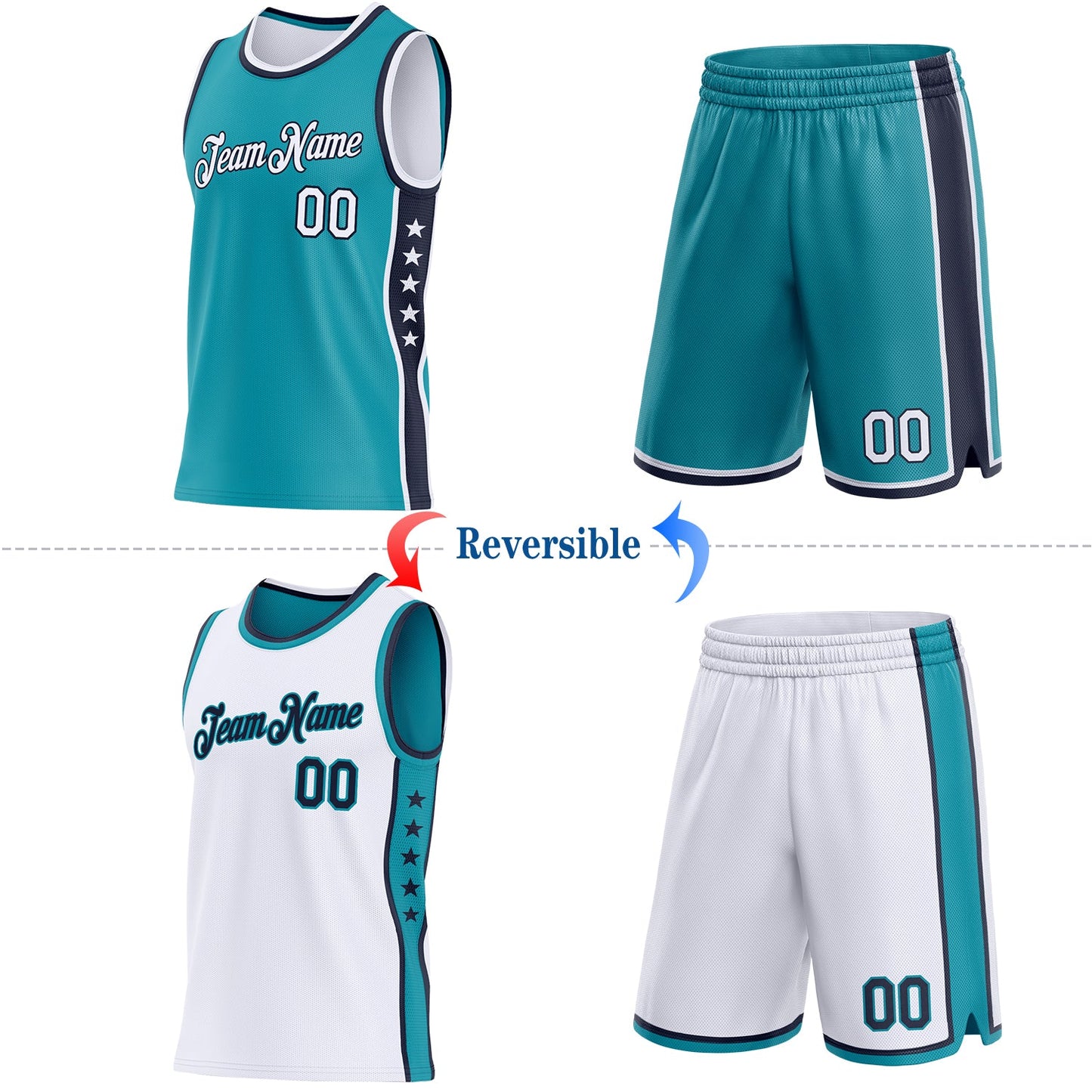 Custom Reversible Teal White-Navy Double Side Star Sublimation Basketball Set Jersey view 2