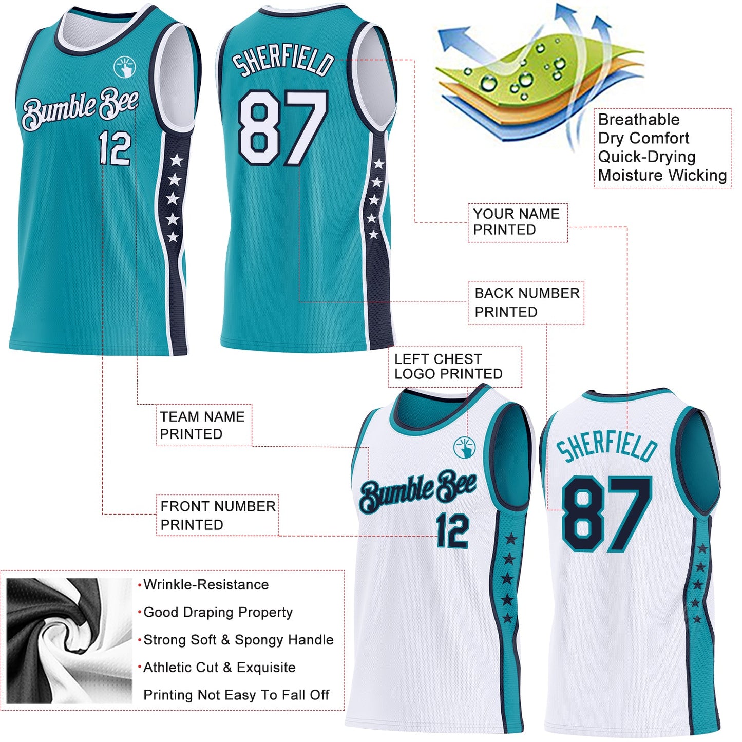 Custom Reversible Teal White-Navy Double Side Star Sublimation Basketball Set Jersey view 5