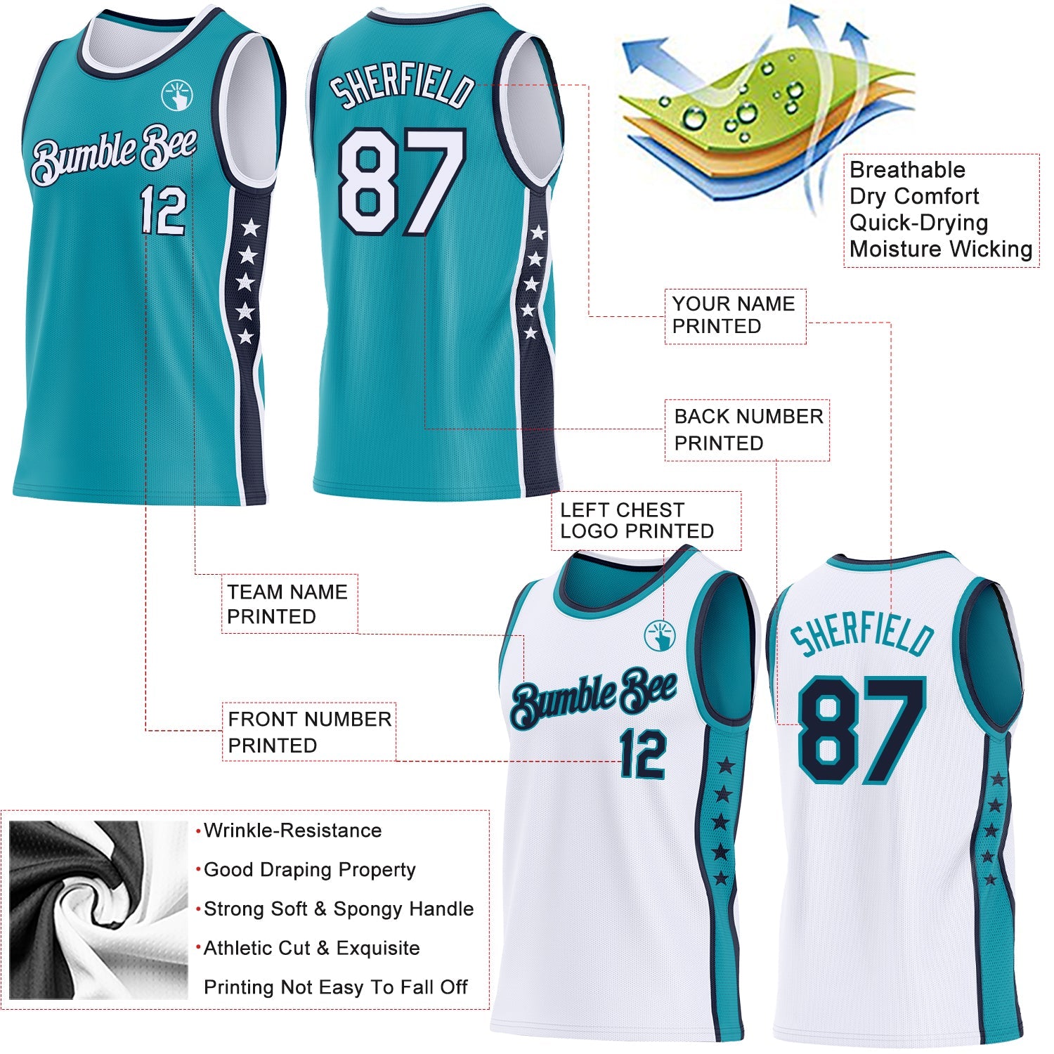 Custom Reversible Teal White-Navy Double Side Star Sublimation Basketball Set Jersey view 5