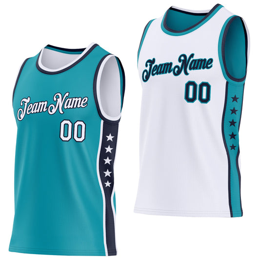 Custom Reversible Teal White-Navy Double Side Star Sublimation Basketball Set Jersey - Main View