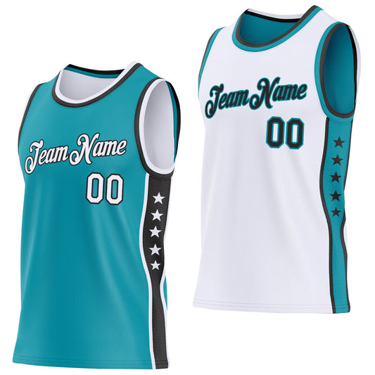 Custom Reversible Teal White-Black Double Side Star Sublimation Basketball Set Jersey - Main View