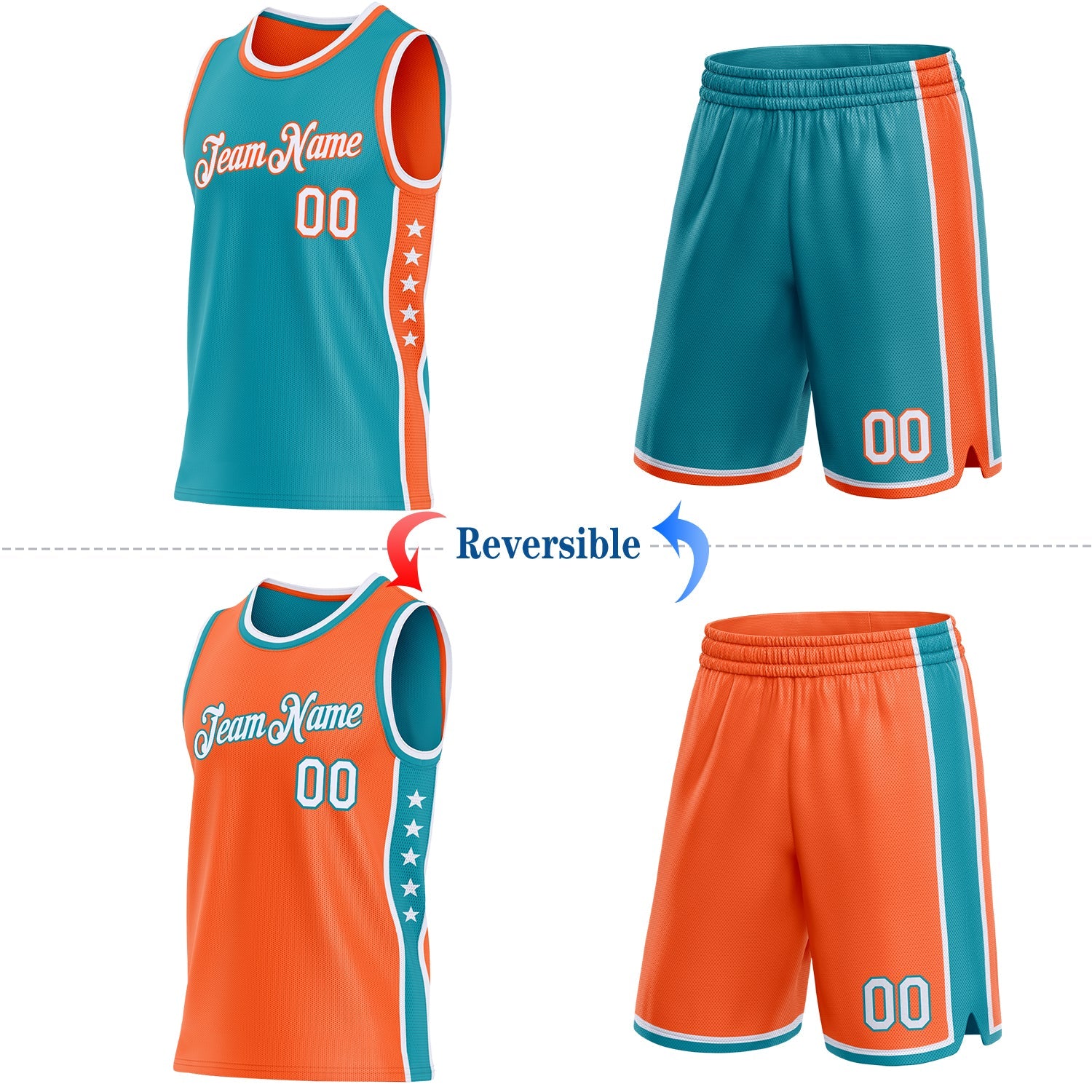 Custom Reversible Teal White-Orange Double Side Star Sublimation Basketball Set Jersey view 2
