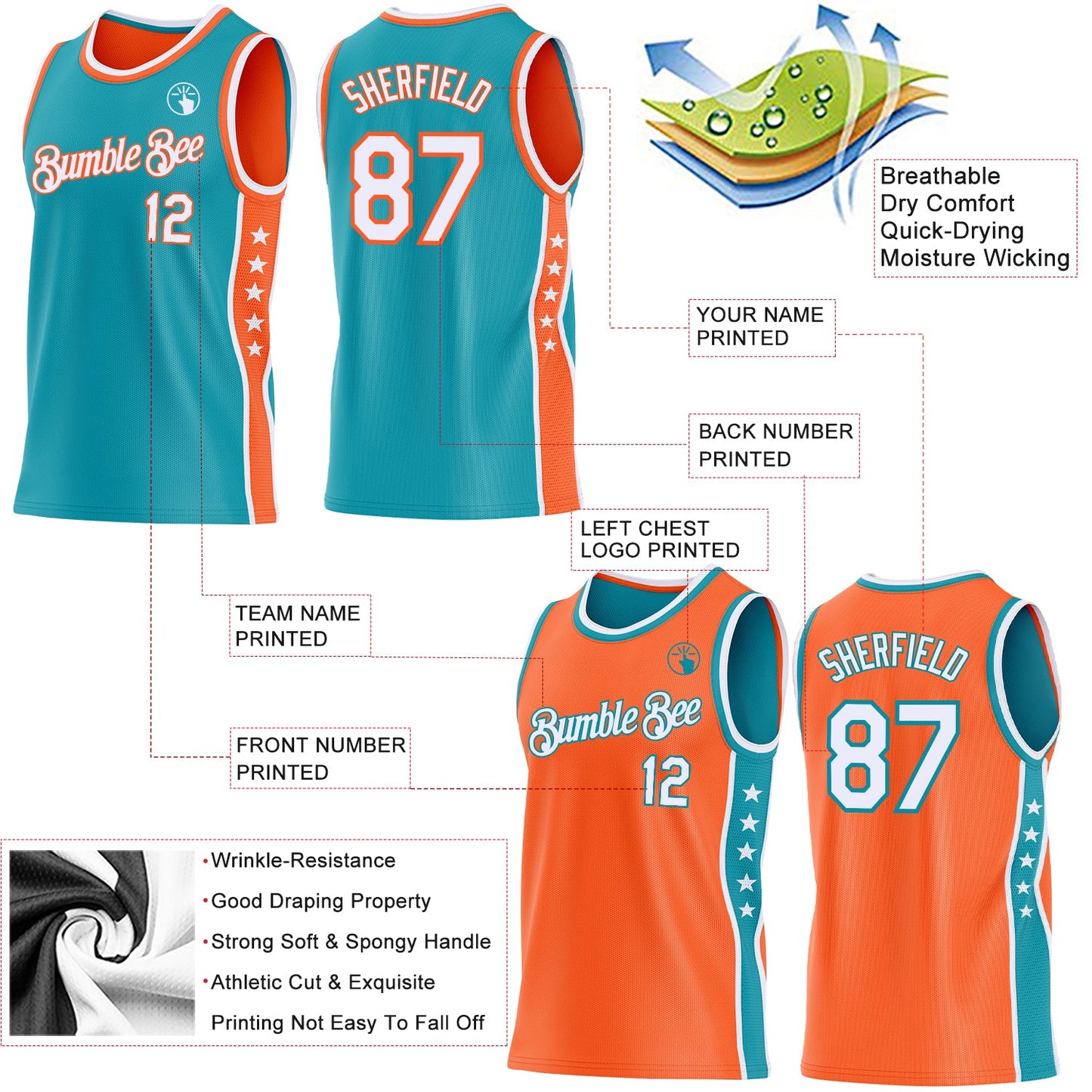 Custom Reversible Teal White-Orange Double Side Star Sublimation Basketball Set Jersey view 5