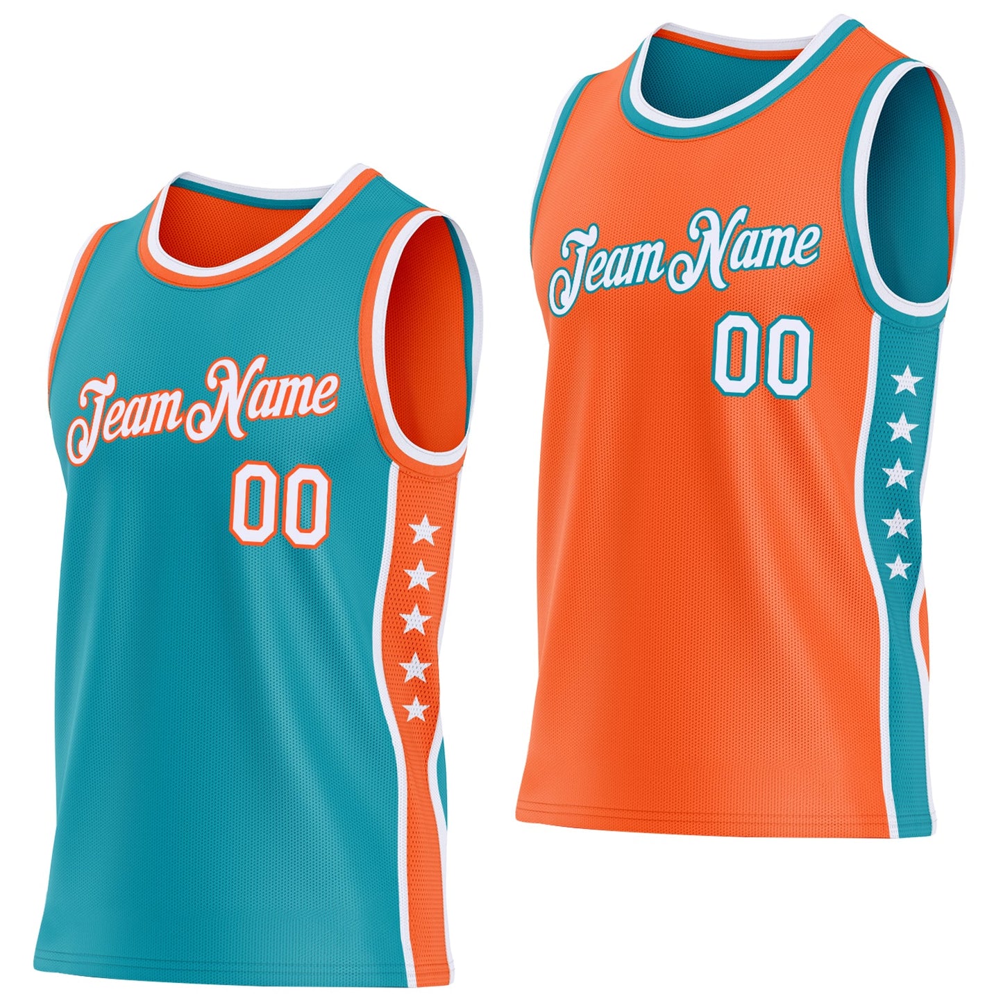 Custom Reversible Teal White-Orange Double Side Star Sublimation Basketball Set Jersey - Main View