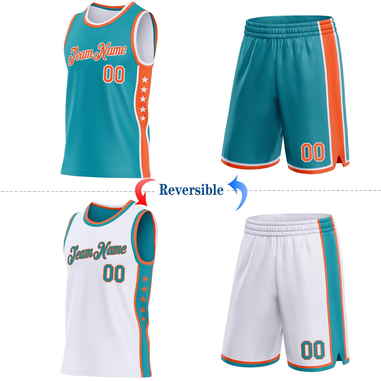 Custom Reversible Teal Orange-White Double Side Star Sublimation Basketball Set Jersey view 2
