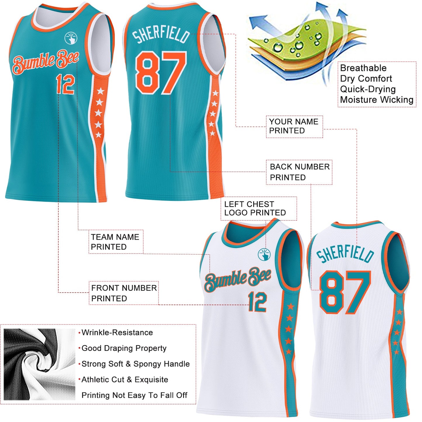 Custom Reversible Teal Orange-White Double Side Star Sublimation Basketball Set Jersey view 5