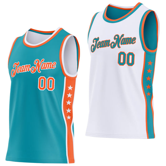 Custom Reversible Teal Orange-White Double Side Star Sublimation Basketball Set Jersey - Main View