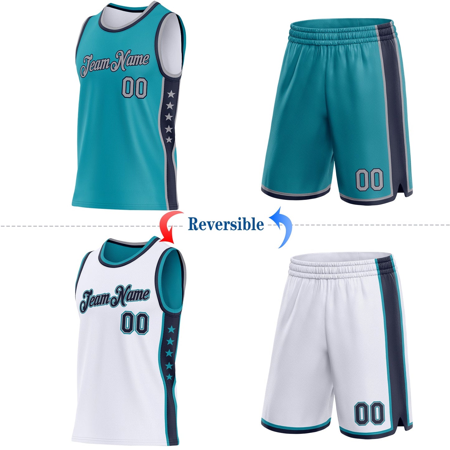 Custom Reversible Teal Gray-Navy Double Side Star Sublimation Basketball Set Jersey view 2