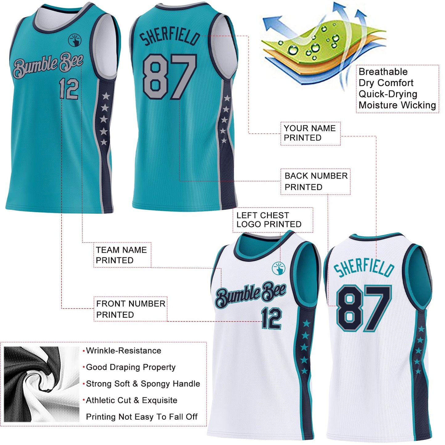 Custom Reversible Teal Gray-Navy Double Side Star Sublimation Basketball Set Jersey view 5