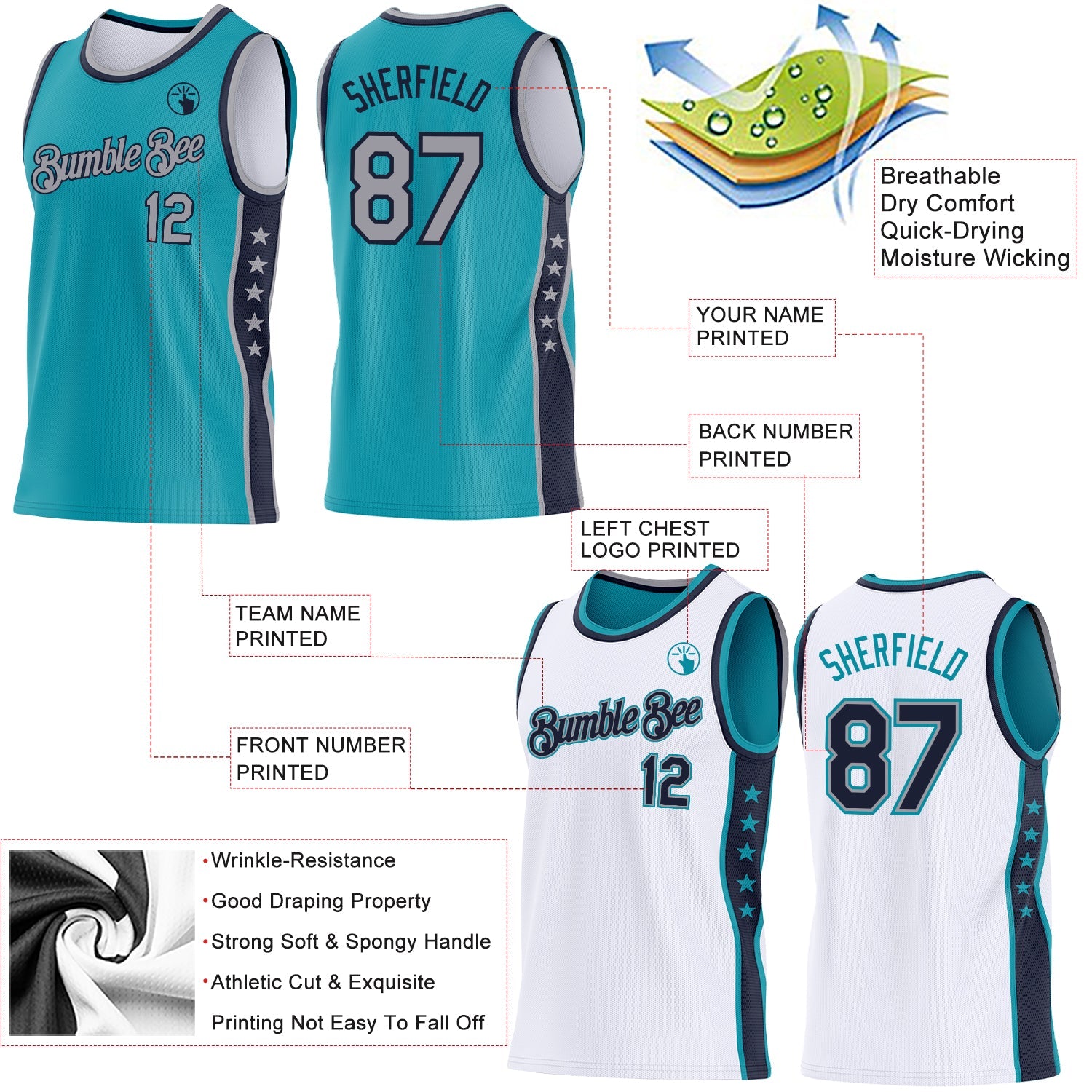 Custom Reversible Teal Gray-Navy Double Side Star Sublimation Basketball Set Jersey view 5