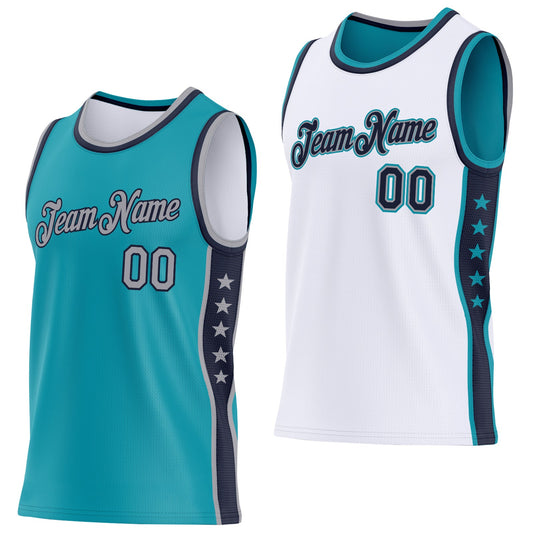 Custom Reversible Teal Gray-Navy Double Side Star Sublimation Basketball Set Jersey - Main View