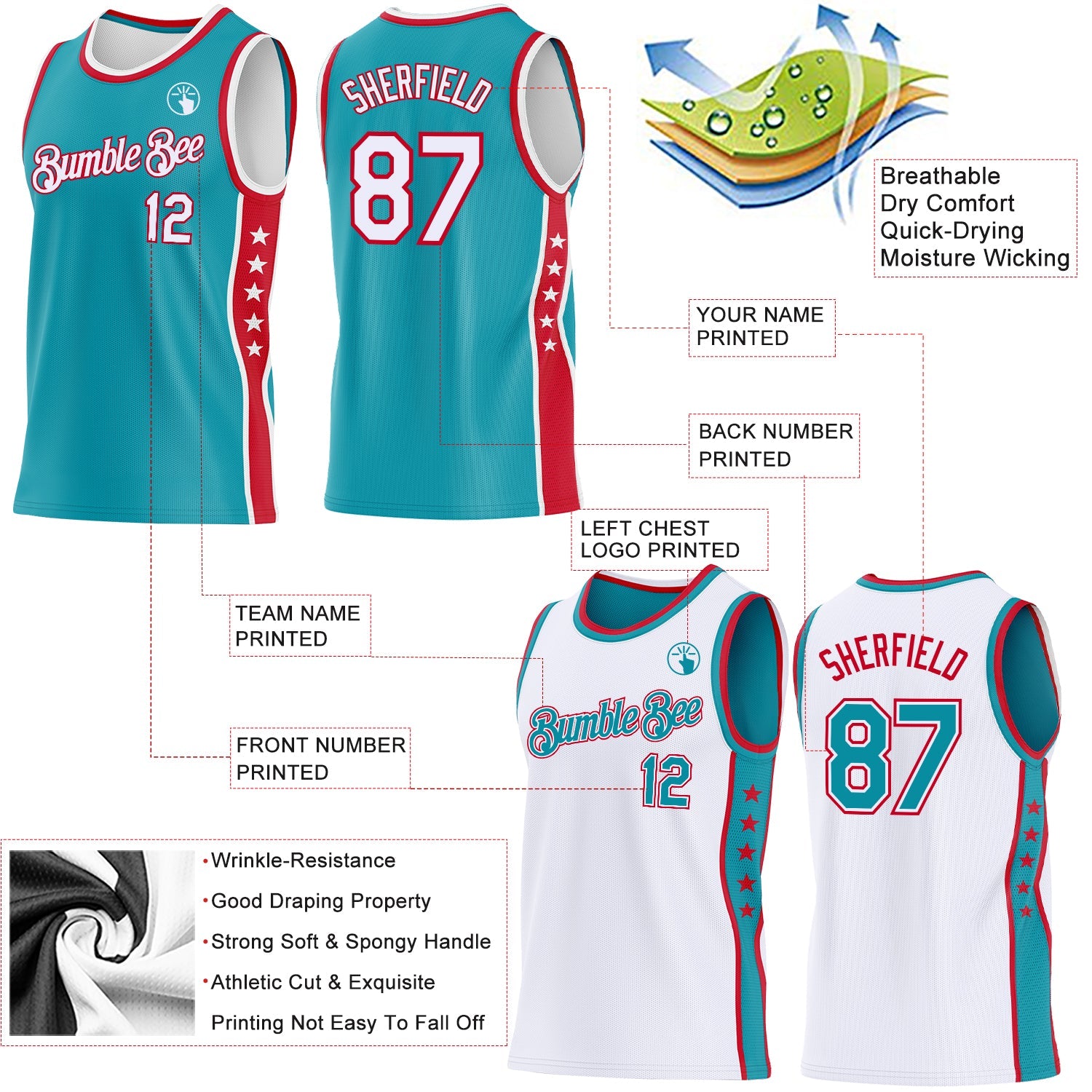 Custom Reversible Teal White-Red Double Side Star Sublimation Basketball Set Jersey view 5