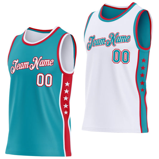 Custom Reversible Teal White-Red Double Side Star Sublimation Basketball Set Jersey - Main View
