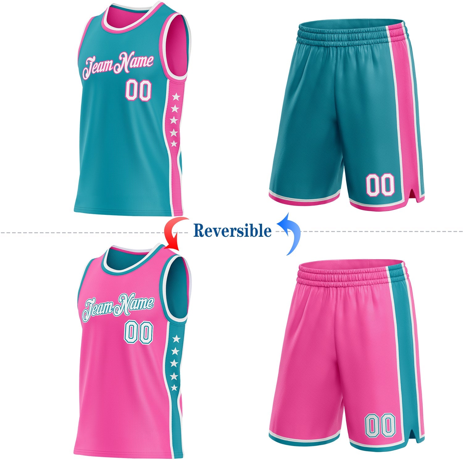 Custom Reversible Teal White-Pink Double Side Star Sublimation Basketball Set Jersey view 2