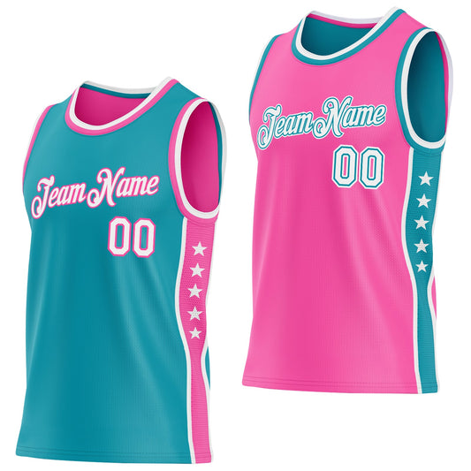 Custom Reversible Teal White-Pink Double Side Star Sublimation Basketball Set Jersey - Main View