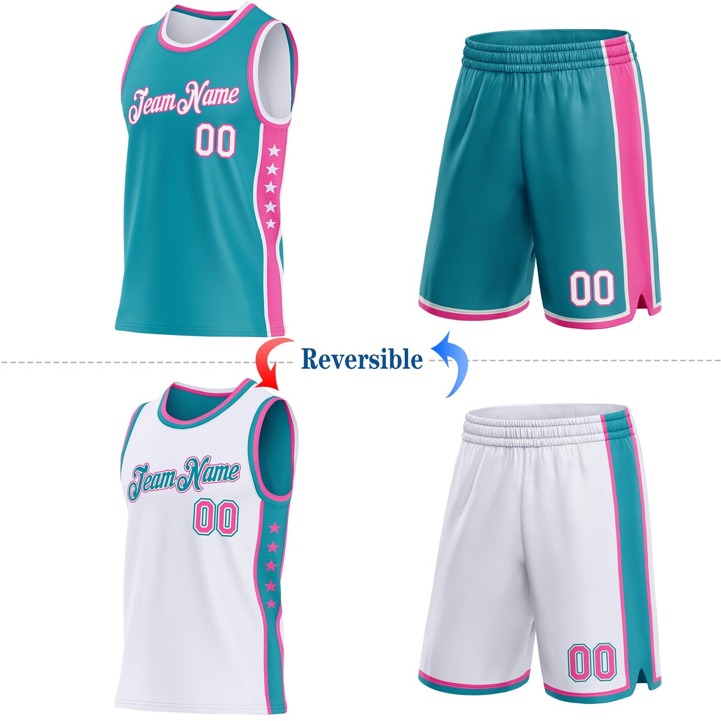 Custom Reversible Teal White-Pink Double Side Star Sublimation Basketball Set Jersey view 2