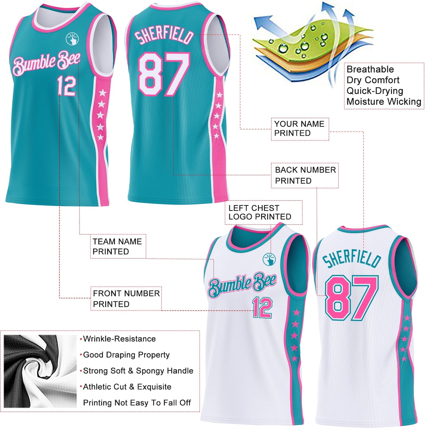 Custom Reversible Teal White-Pink Double Side Star Sublimation Basketball Set Jersey view 5