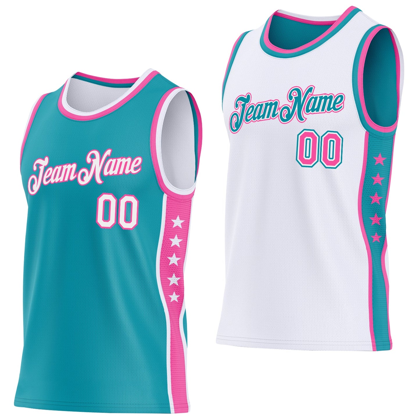 Custom Reversible Teal White-Pink Double Side Star Sublimation Basketball Set Jersey - Main View
