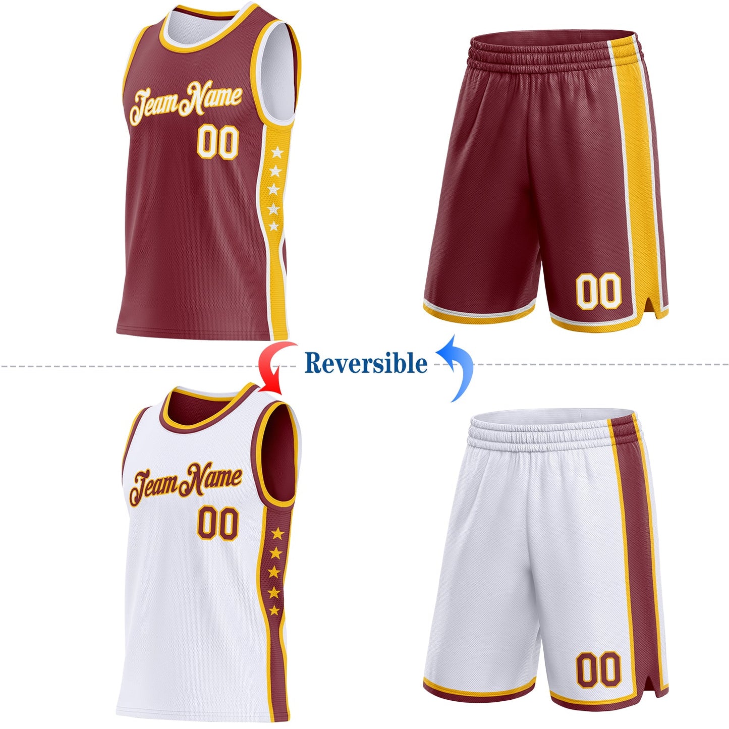 Custom Reversible Burgundy White-Gold Double Side Star Sublimation Basketball Set Jersey view 2