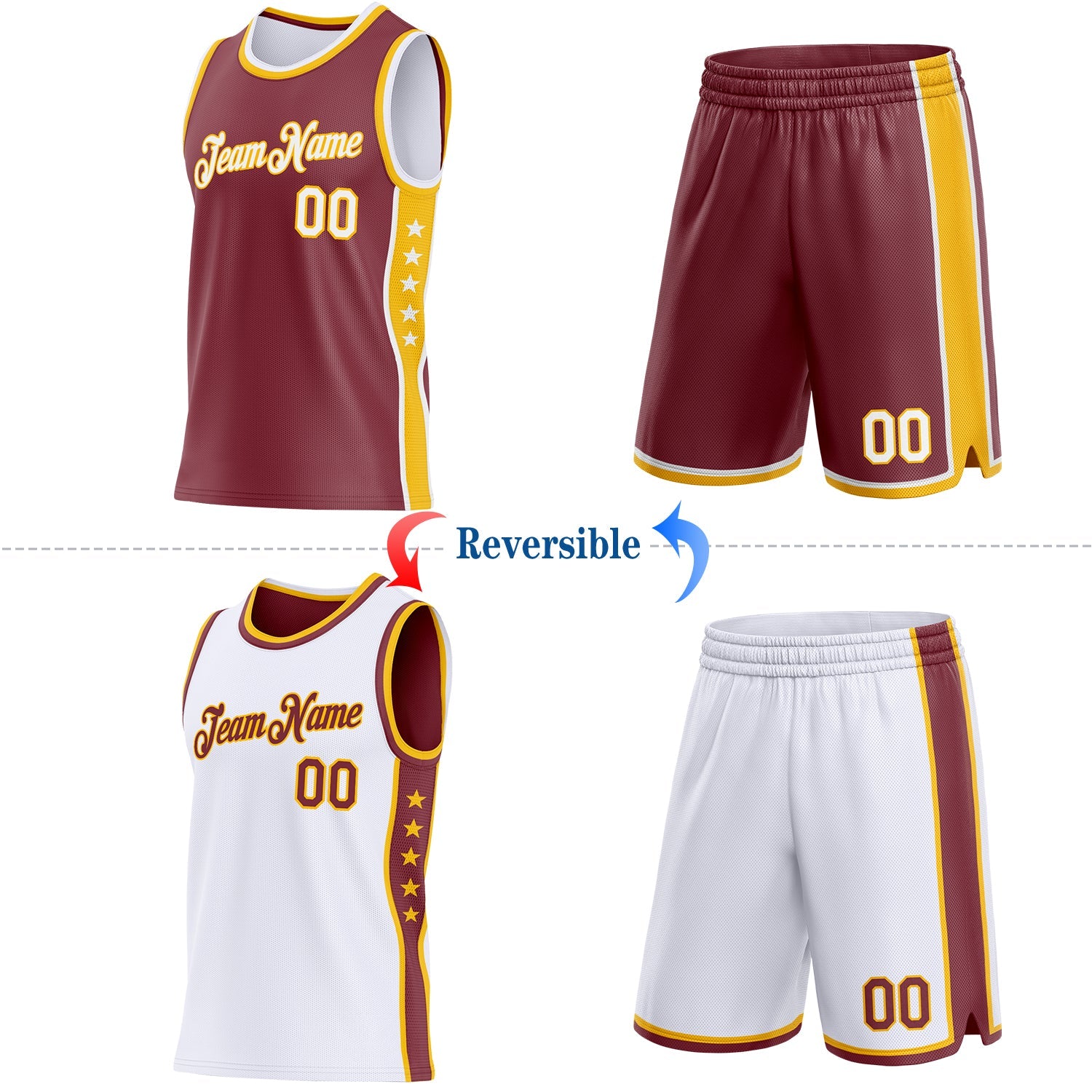Custom Reversible Burgundy White-Gold Double Side Star Sublimation Basketball Set Jersey view 2