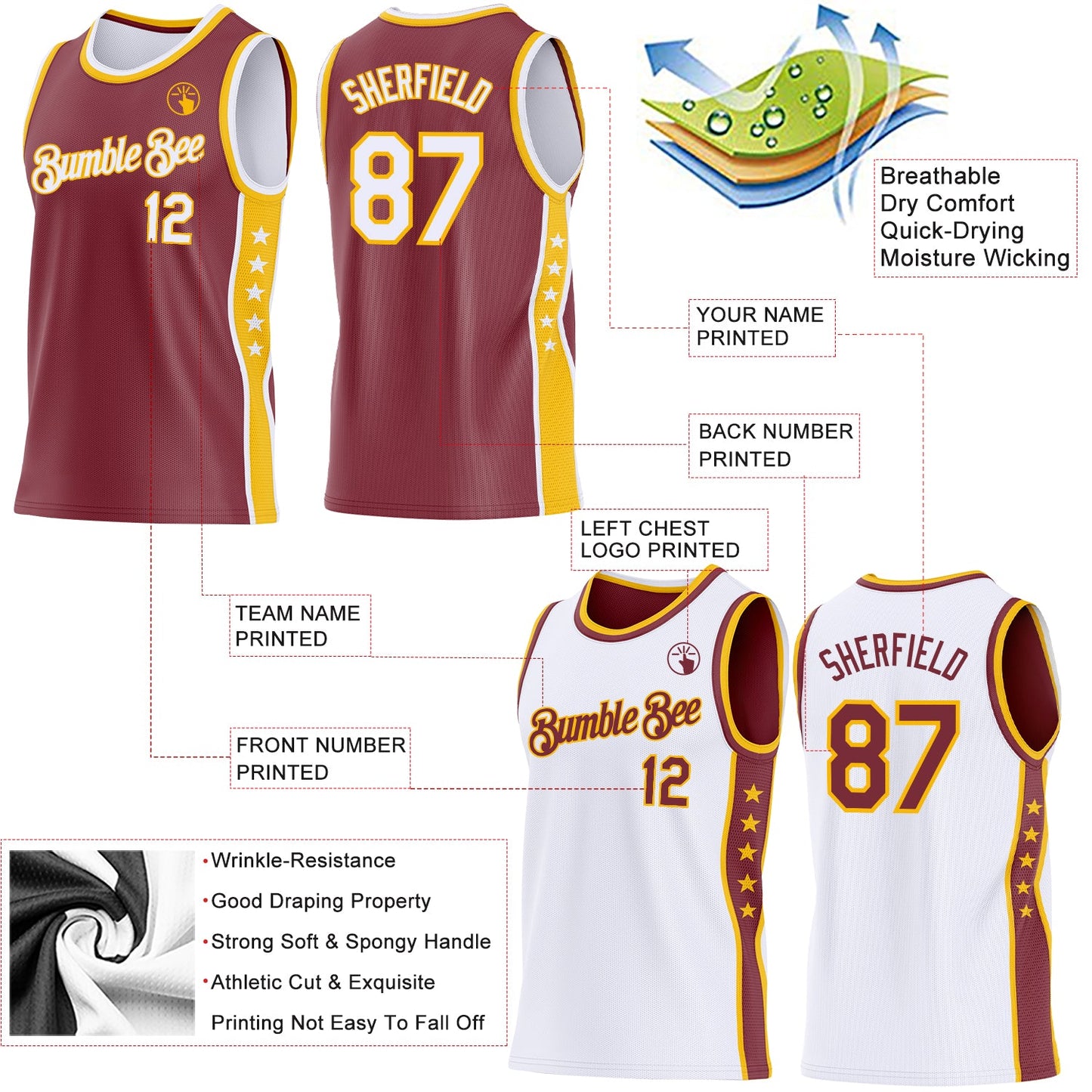 Custom Reversible Burgundy White-Gold Double Side Star Sublimation Basketball Set Jersey view 5