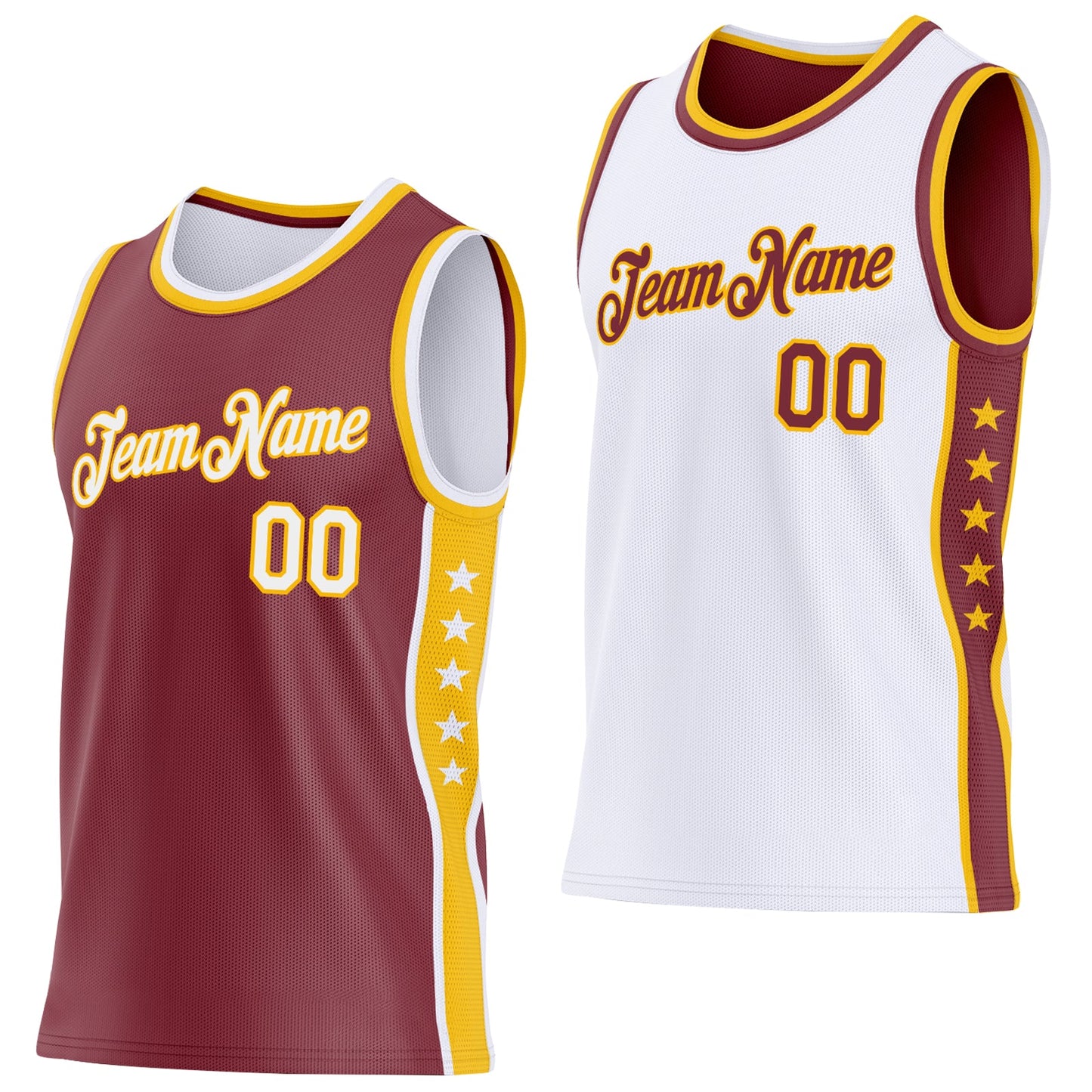 Custom Reversible Burgundy White-Gold Double Side Star Sublimation Basketball Set Jersey - Main View