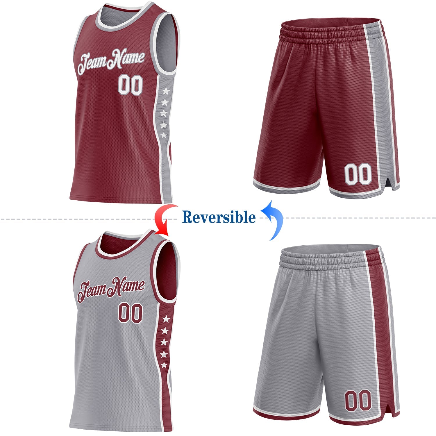 Custom Reversible Burgundy White-Gray Double Side Star Sublimation Basketball Set Jersey view 2
