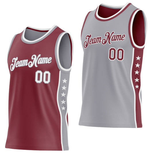 Custom Reversible Burgundy White-Gray Double Side Star Sublimation Basketball Set Jersey - Main View