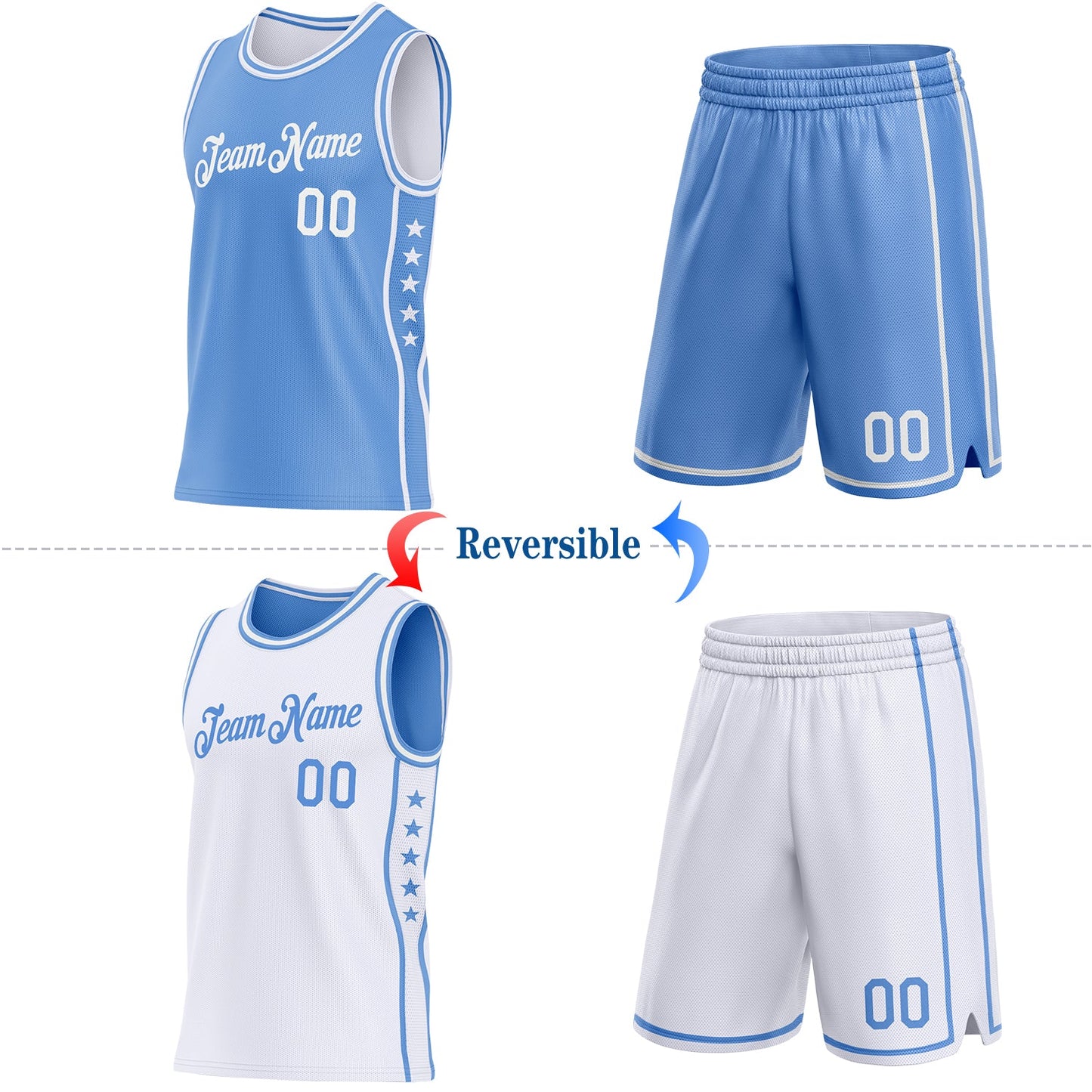 Custom Reversible Lakes Blue White Double Side Star Sublimation Basketball Set Jersey view 2