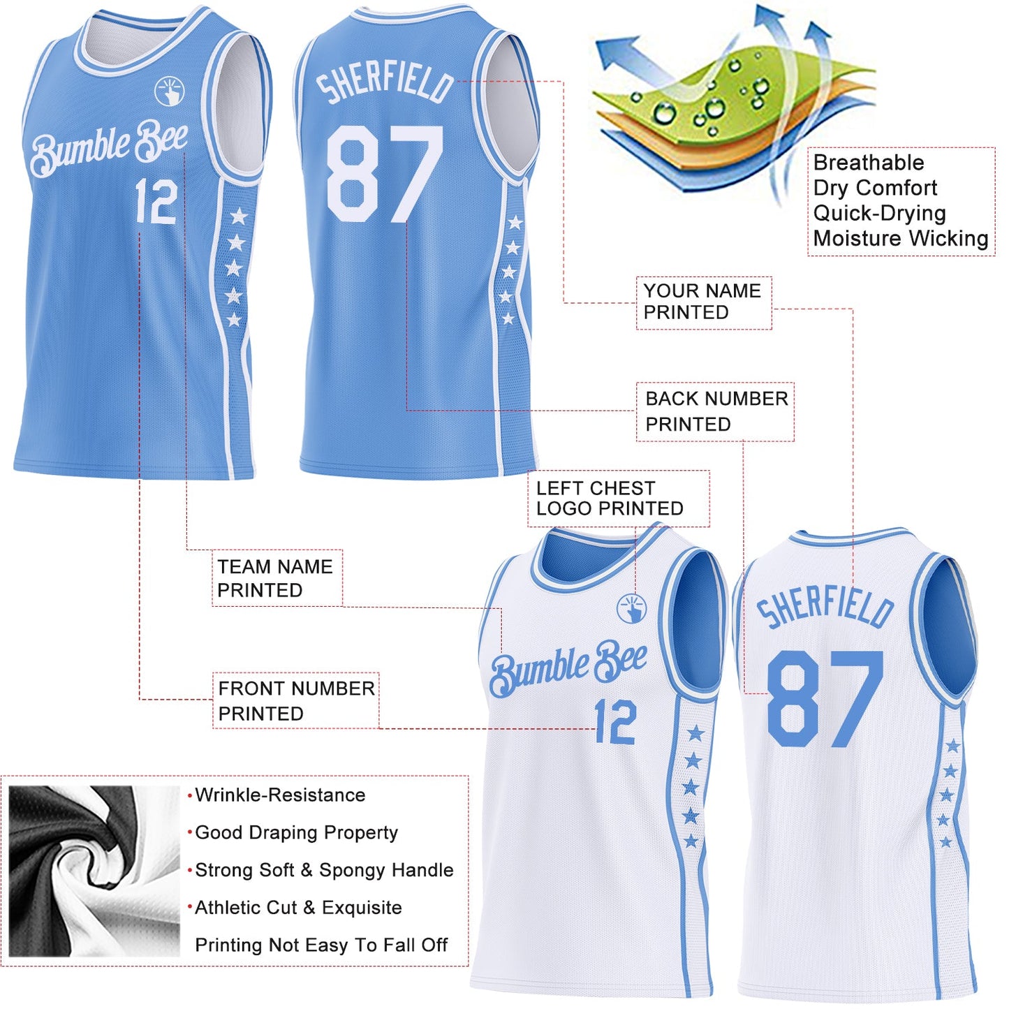 Custom Reversible Lakes Blue White Double Side Star Sublimation Basketball Set Jersey view 5