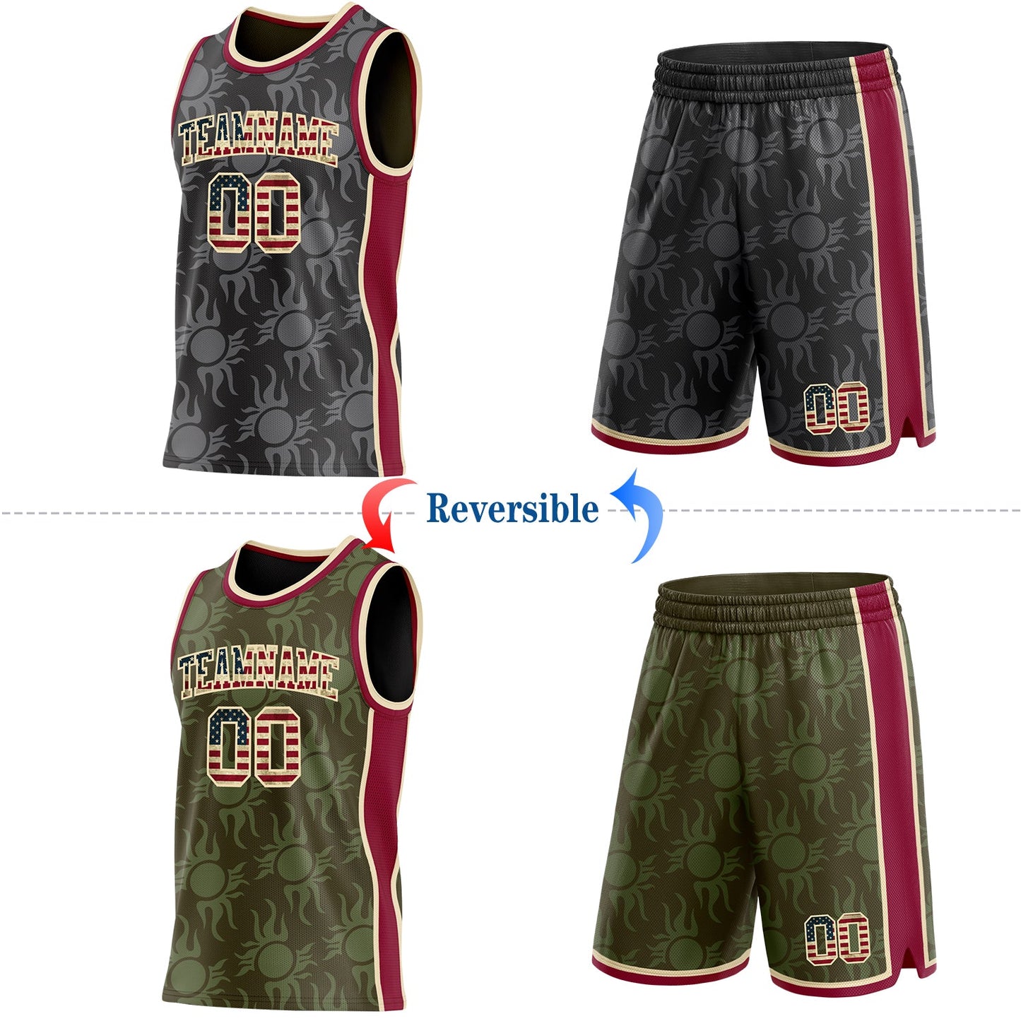 Custom Black(Olive) Vintage USA Flag Cream-Maroon Side Panel Stripe Sun Flame Reversible Double Side Sublimation Basketball Set Jersey view 2