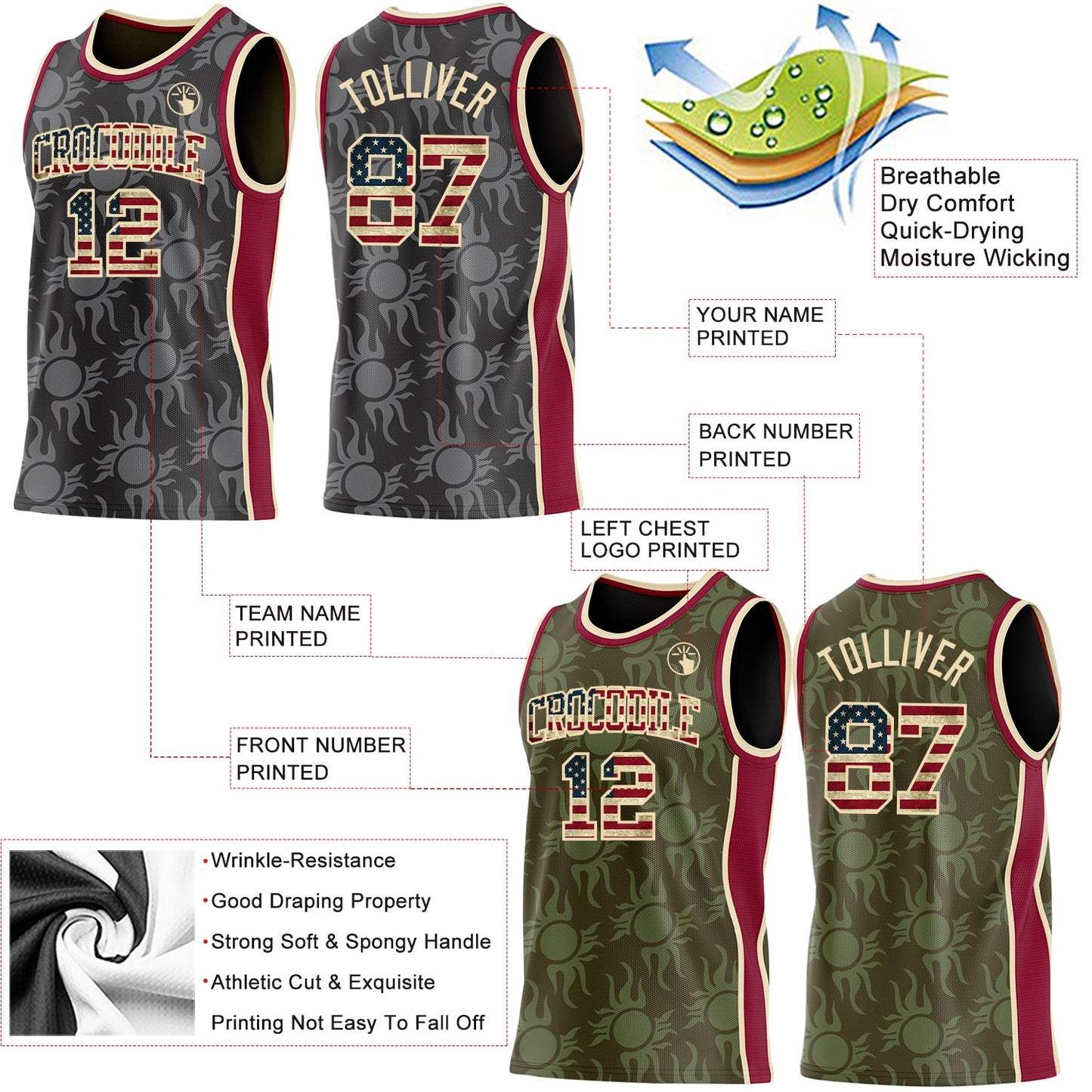 Custom Black(Olive) Vintage USA Flag Cream-Maroon Side Panel Stripe Sun Flame Reversible Double Side Sublimation Basketball Set Jersey view 3