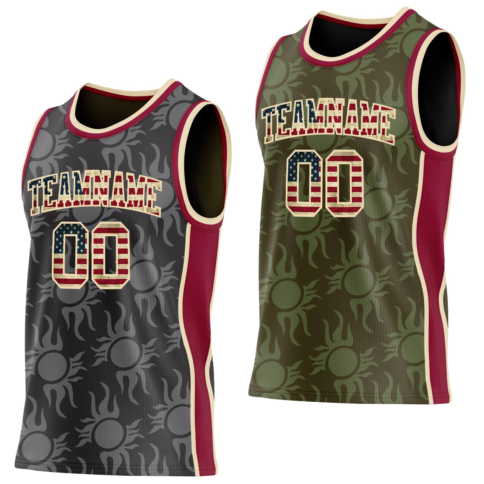 Custom Black(Olive) Vintage USA Flag Cream-Maroon Side Panel Stripe Sun Flame Reversible Double Side Sublimation Basketball Set Jersey - Main View