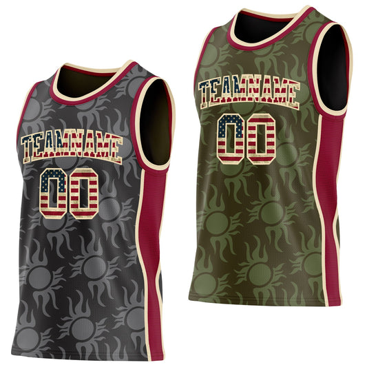 Custom Black(Olive) Vintage USA Flag Cream-Maroon Side Panel Stripe Sun Flame Reversible Double Side Sublimation Basketball Set Jersey - Main View