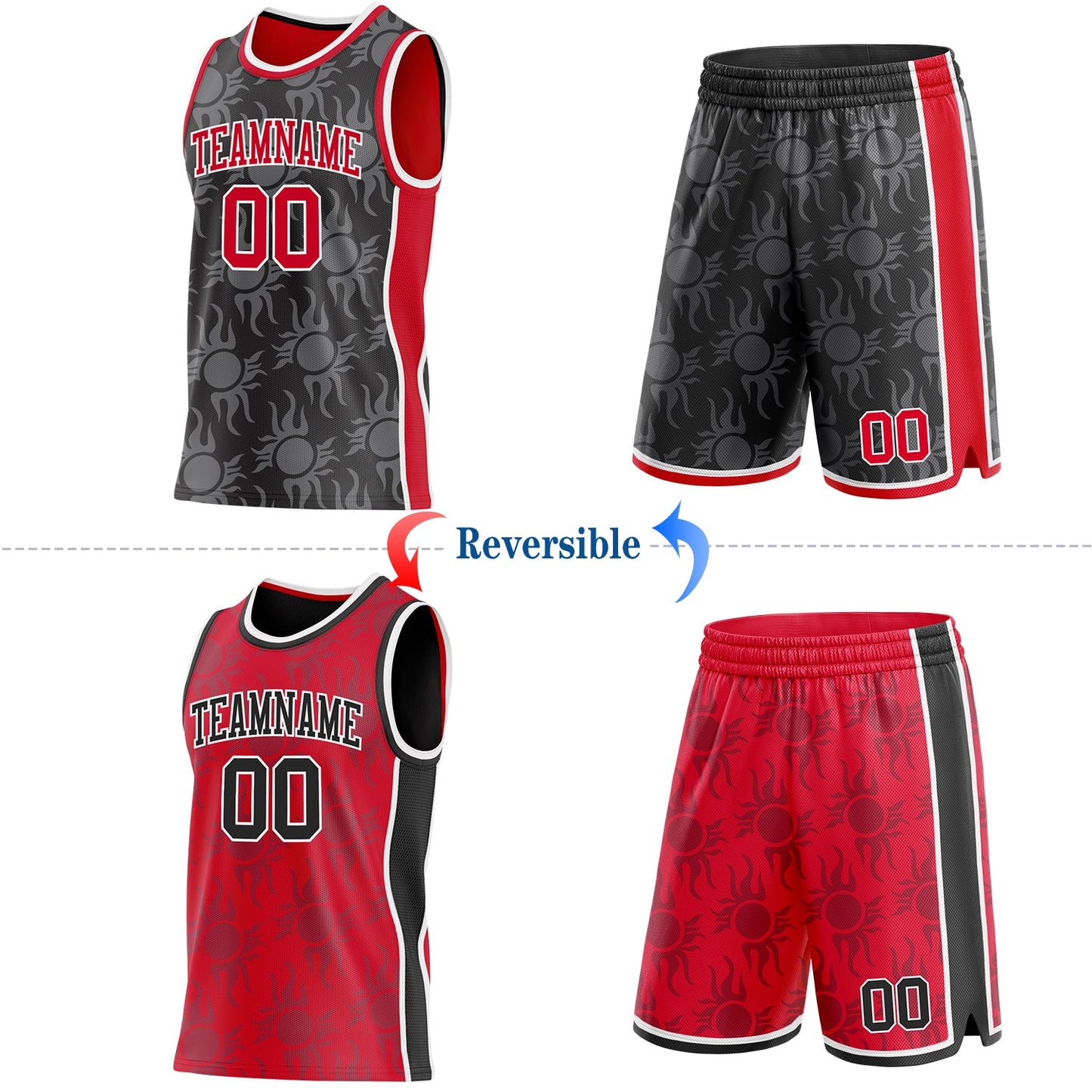 Custom Black Red-White Side Panel Stripe Sun Flame Reversible Double Side Sublimation Basketball Set Jersey view 2