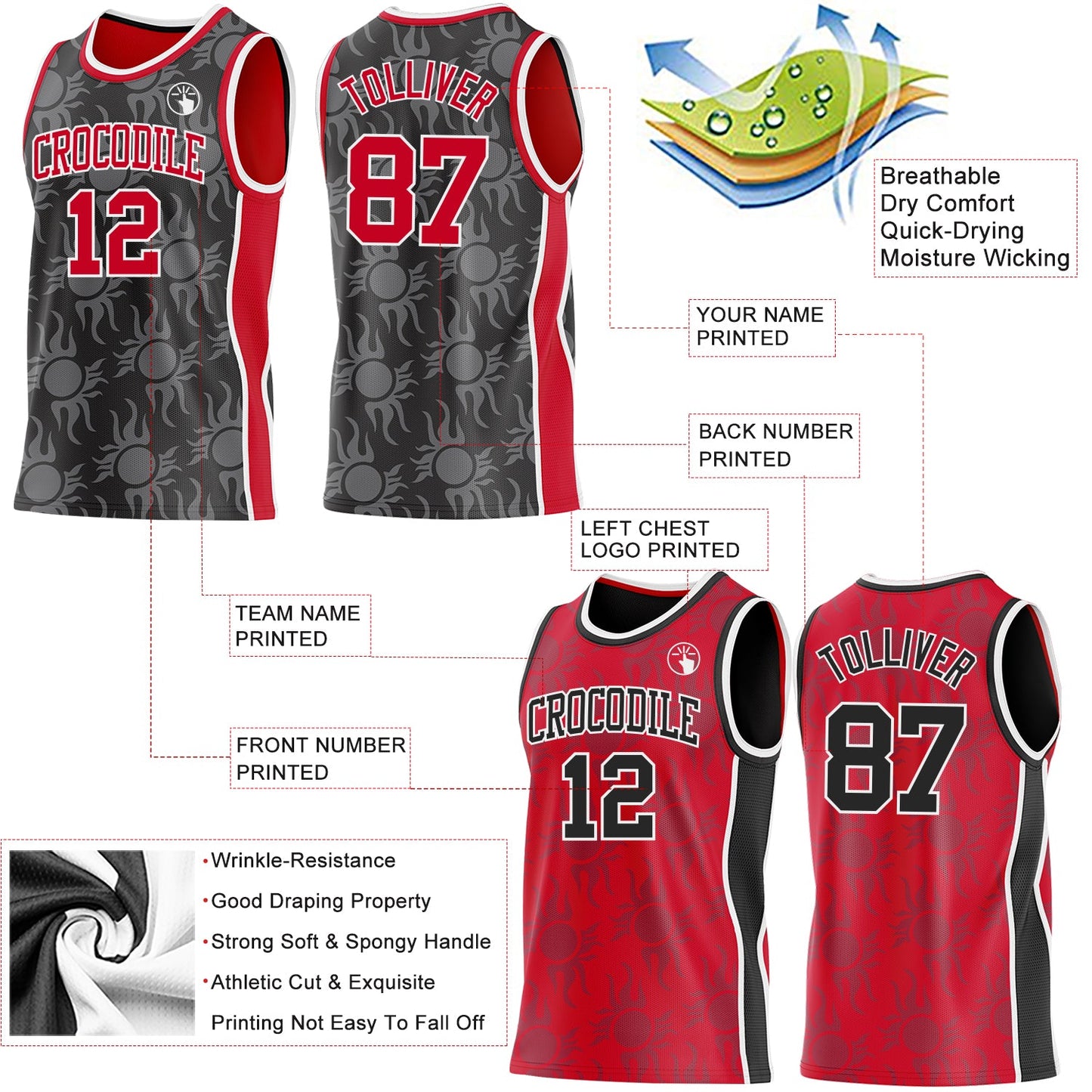 Custom Black Red-White Side Panel Stripe Sun Flame Reversible Double Side Sublimation Basketball Set Jersey view 3