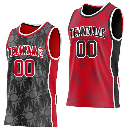 Custom Black Red-White Side Panel Stripe Sun Flame Reversible Double Side Sublimation Basketball Set Jersey - Main View