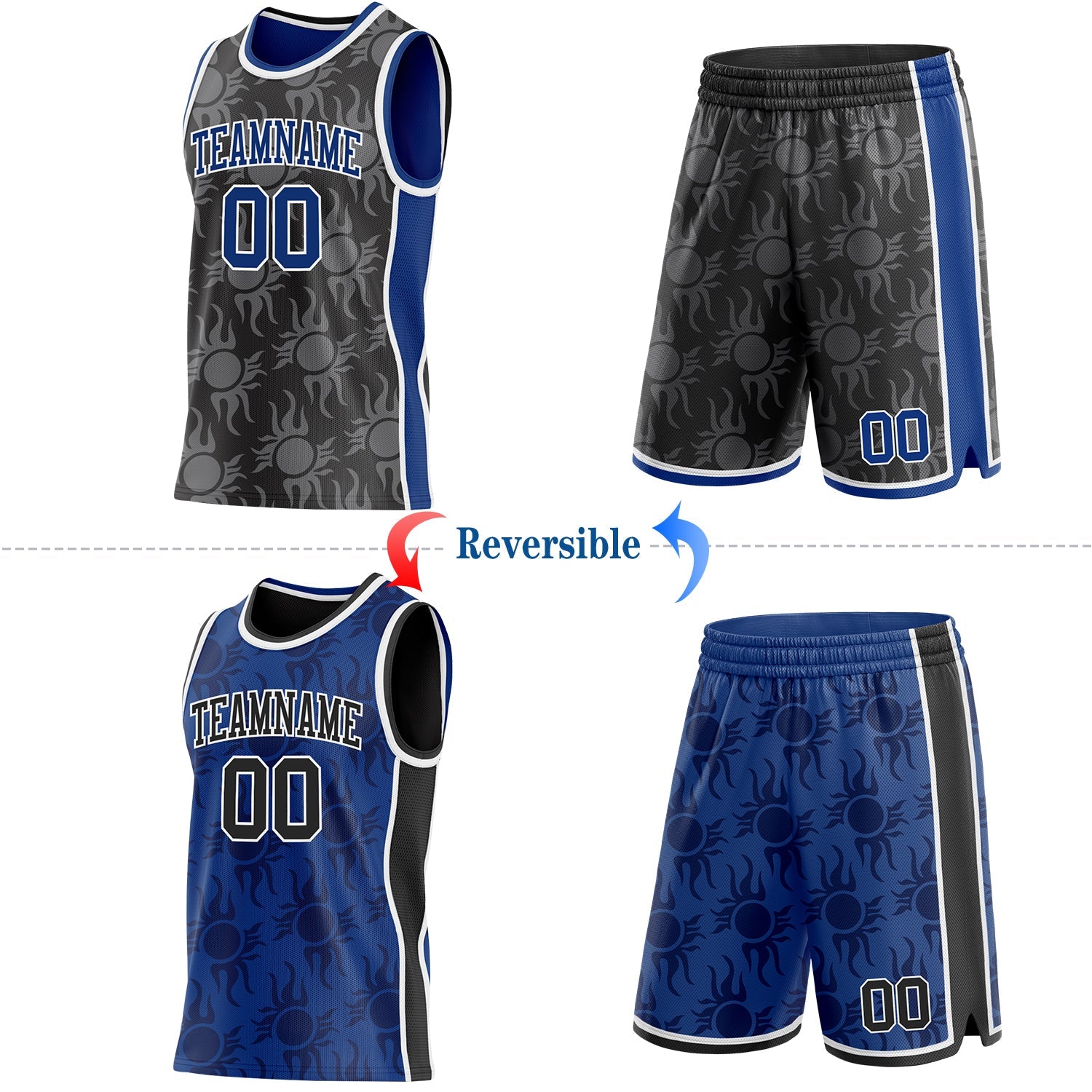 Custom Black Royal-White Side Panel Stripe Sun Flame Reversible Double Side Sublimation Basketball Set Jersey view 2