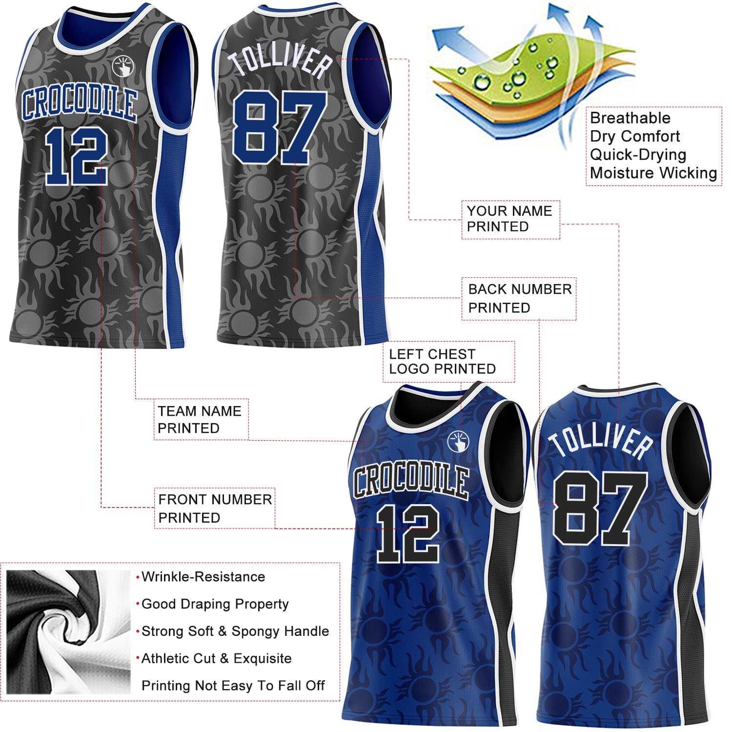 Custom Black Royal-White Side Panel Stripe Sun Flame Reversible Double Side Sublimation Basketball Set Jersey view 3