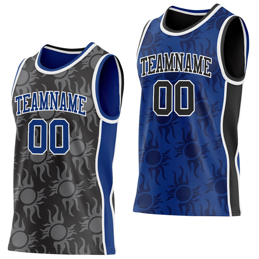 Custom Black Royal-White Side Panel Stripe Sun Flame Reversible Double Side Sublimation Basketball Set Jersey - Main View