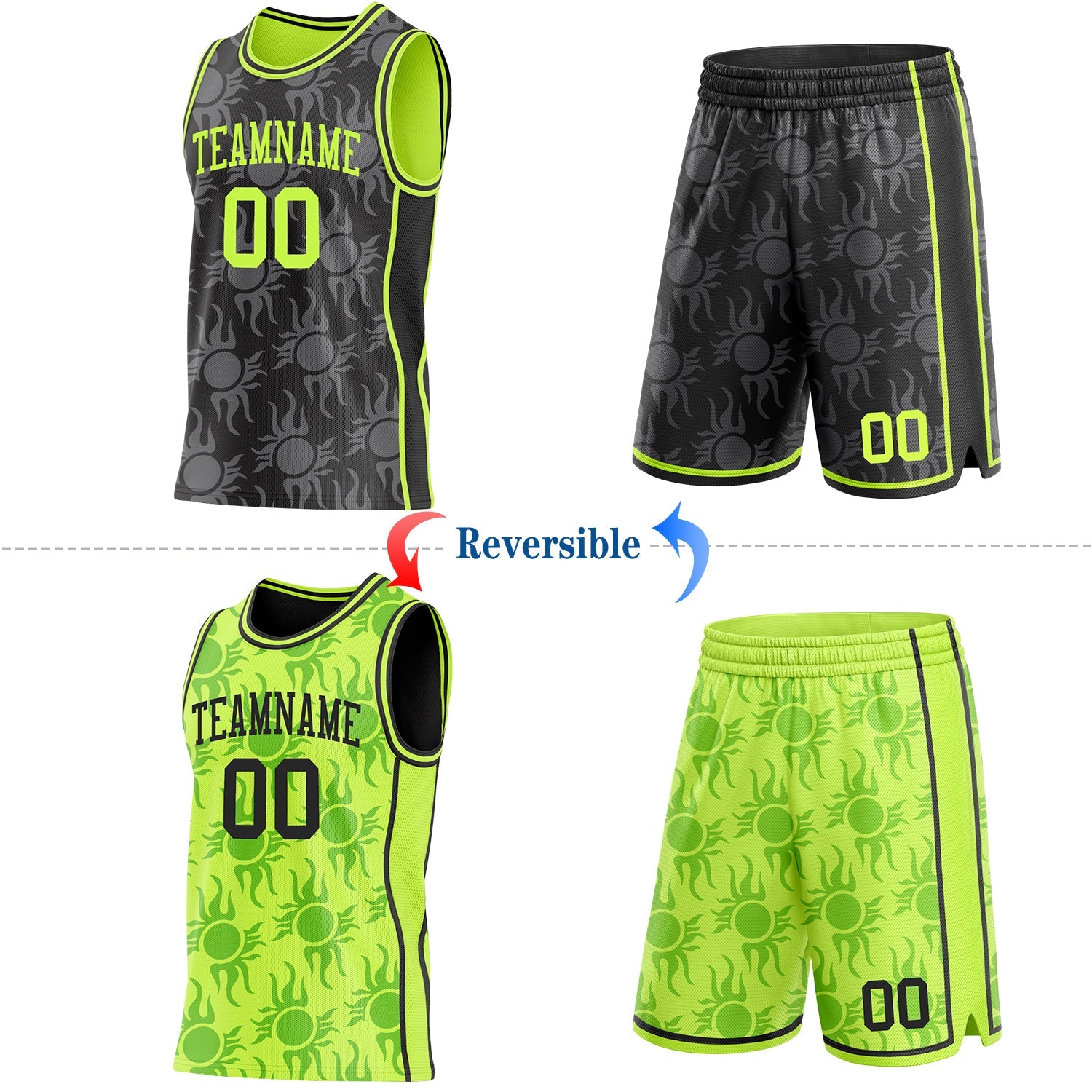 Custom Black-Neon Green Side Panel Stripe Sun Flame Reversible Double Side Sublimation Basketball Set Jersey view 2