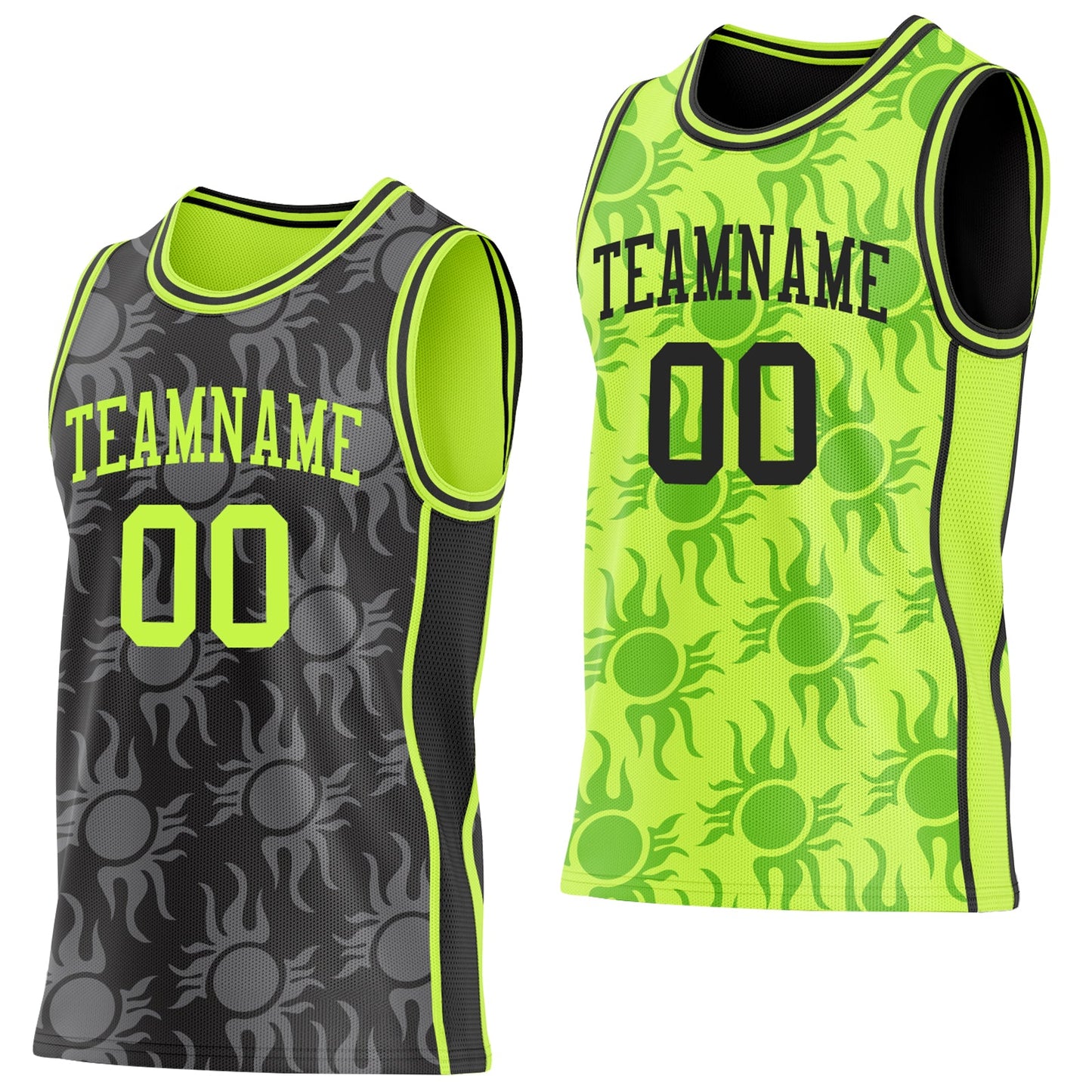 Custom Black-Neon Green Side Panel Stripe Sun Flame Reversible Double Side Sublimation Basketball Set Jersey - Main View